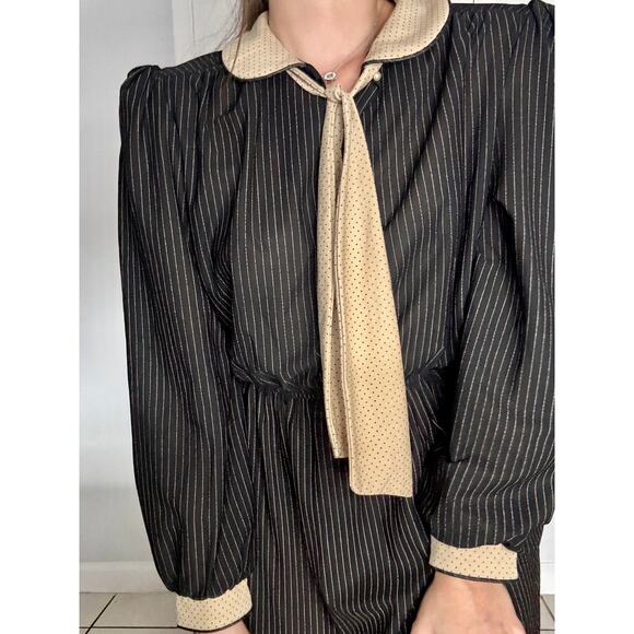 Vintage Luci Fellini 1980s Black Pin Stripe Dress Polka Dot Neck Tie Collar - Picture 11 of 13
